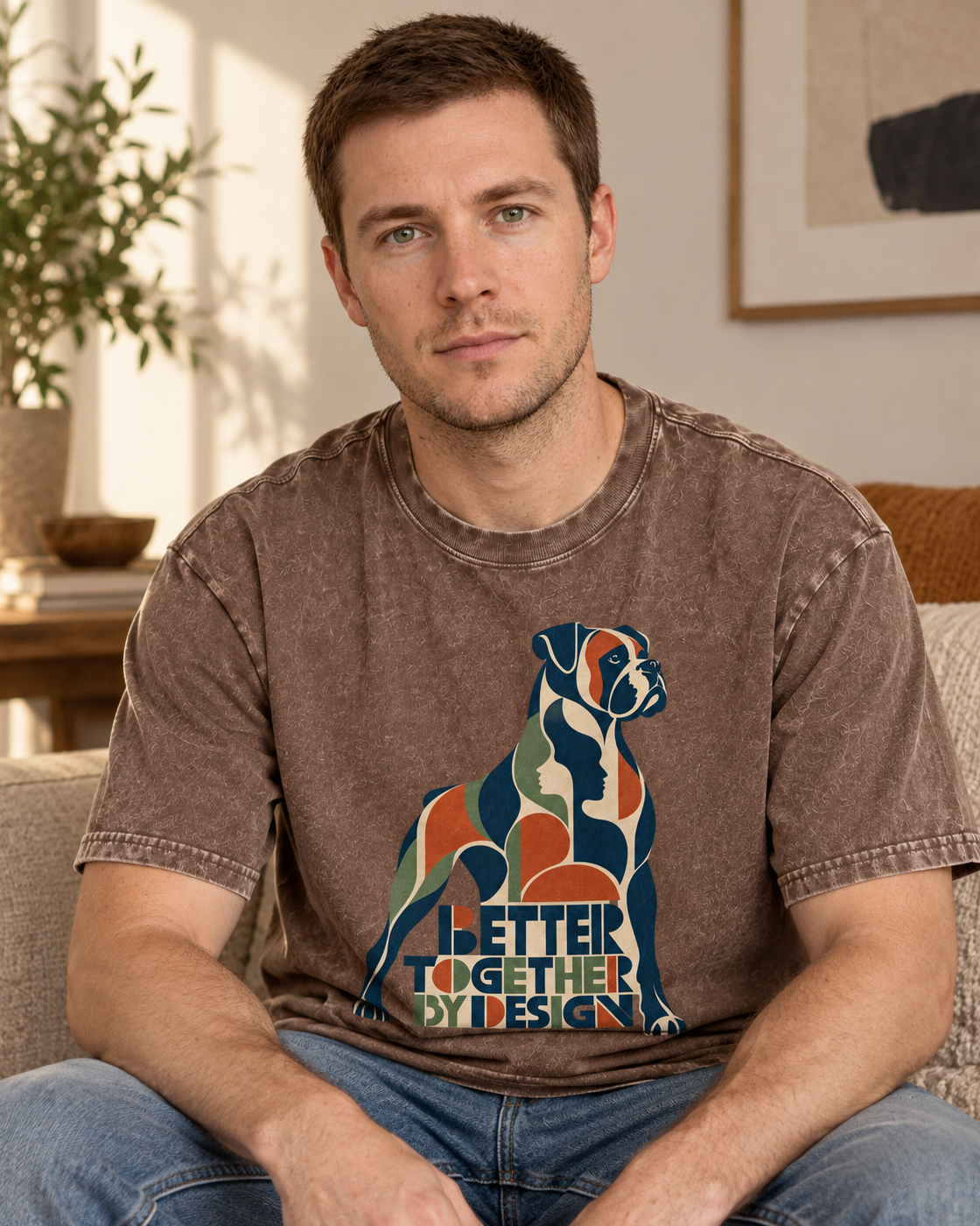 Adult model wears Coffee Boxer Better Together By Design Geometric Mosaic washed T-shirt in a seated indoor portrait