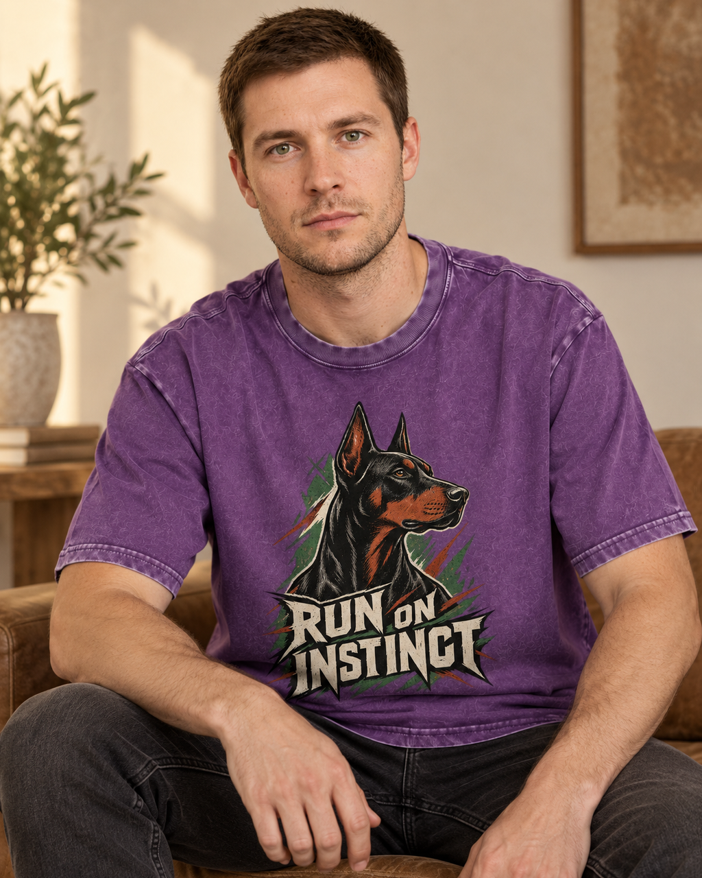 Adult model wears Purple Doberman Run on Instinct Brush Slash washed T-shirt in a seated indoor portrait