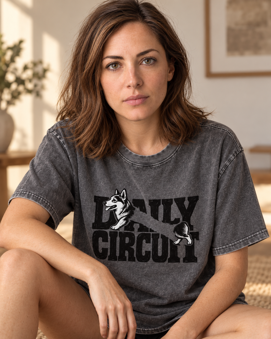 Adult model wears Gray Corgi Family Circuit Running Letterpress washed T-shirt in a seated indoor portrait