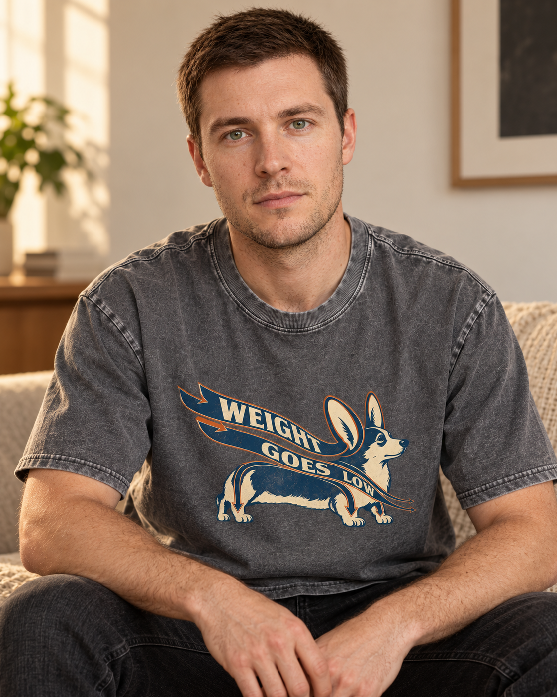 Adult model wears Gray Corgi Weight Goes Low Ribbon Arrow washed T-shirt in a seated indoor portrait