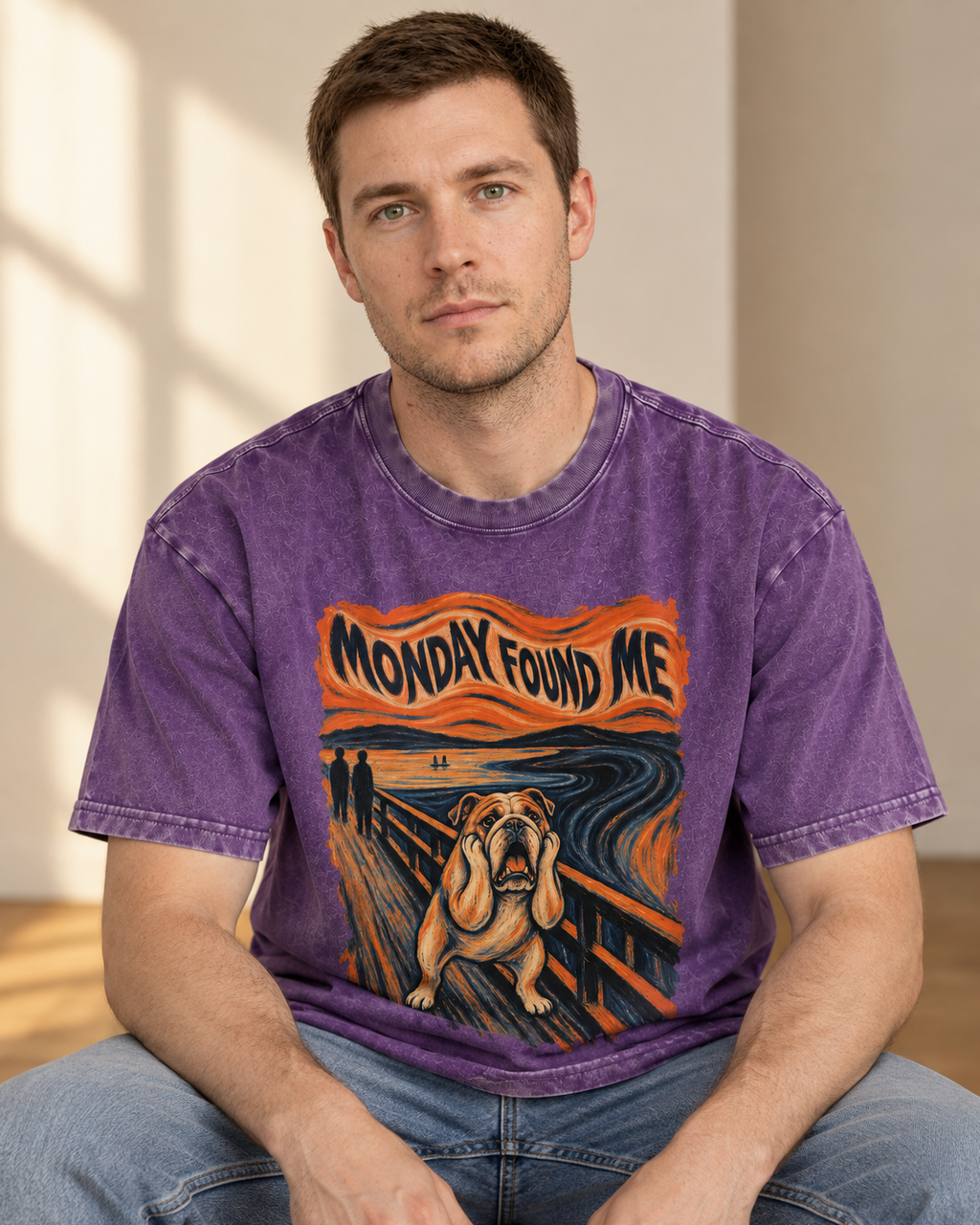 Adult model wears Purple English Bulldog Monday Found Me Scream washed T-shirt in a seated indoor portrait
