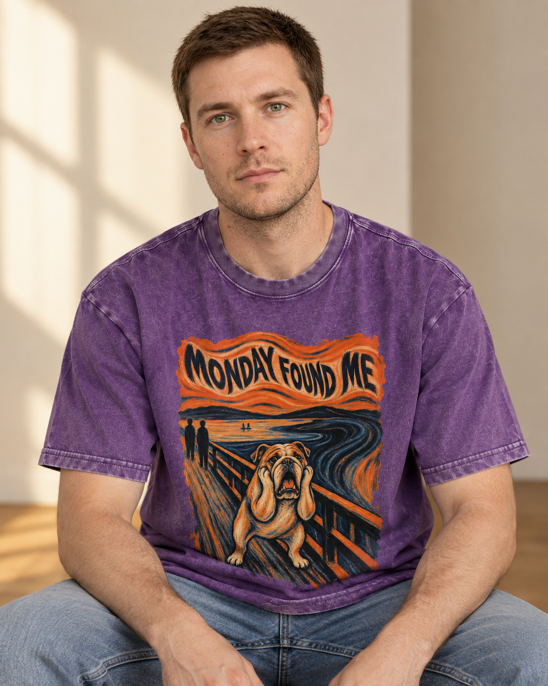 Adult model wears Purple English Bulldog Monday Found Me Scream washed T-shirt in a seated indoor portrait