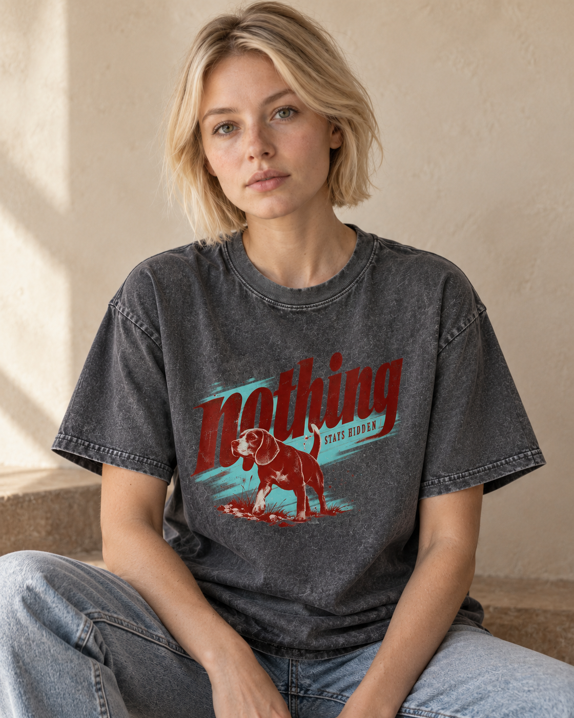 Adult model wears Gray Beagle Nothing Stays Hidden washed T-shirt in a seated indoor portrait