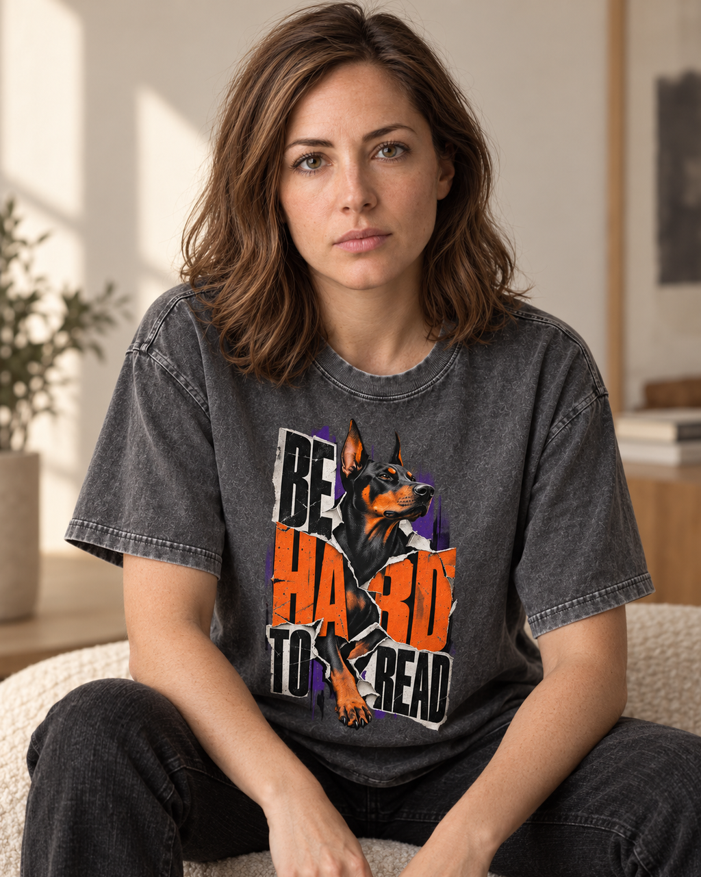Adult model wears Gray Doberman Be Hard to Read Torn Poster washed T-shirt in a seated indoor portrait