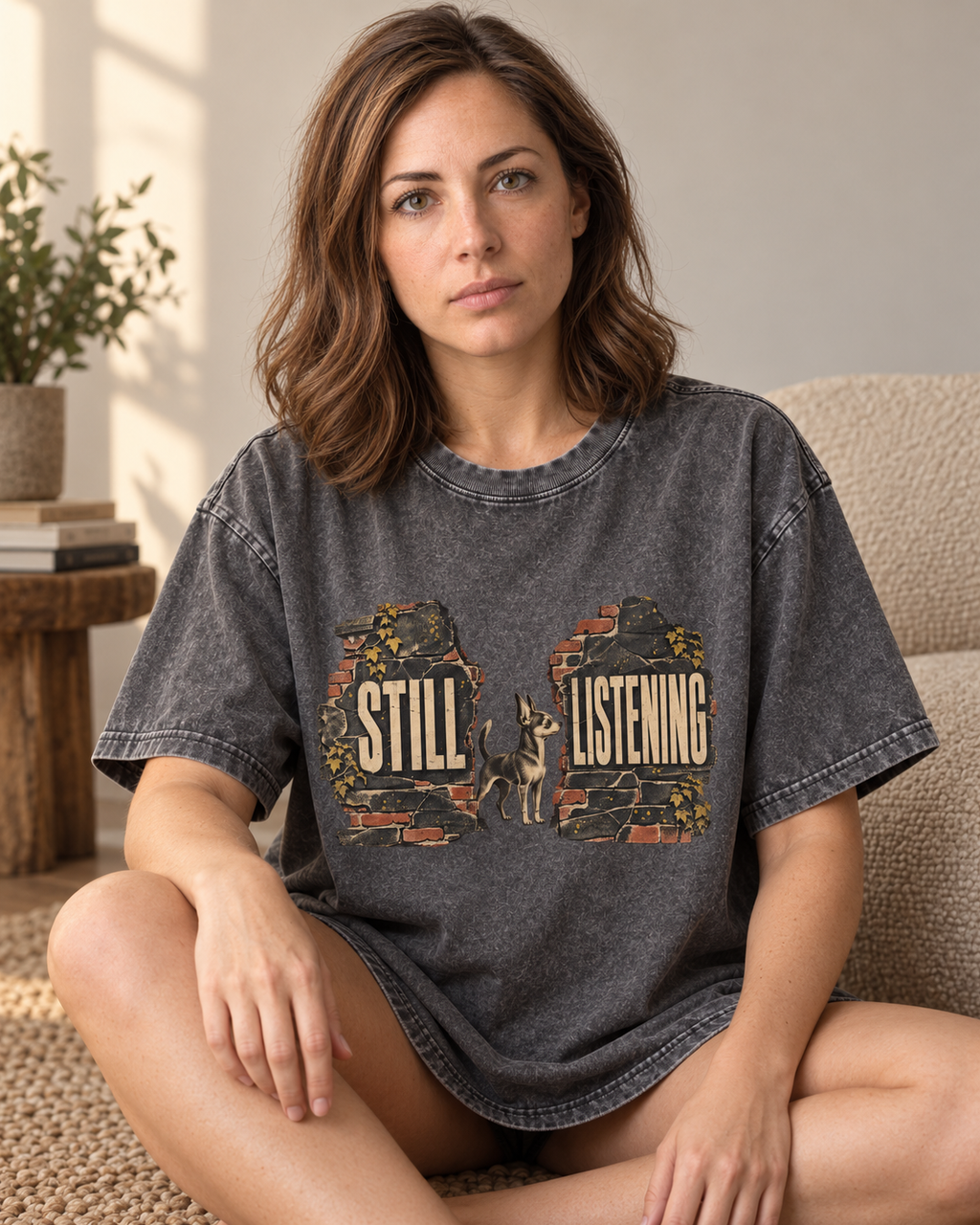 Adult model wears Gray Chihuahua Still Listening washed T-shirt in a seated indoor portrait