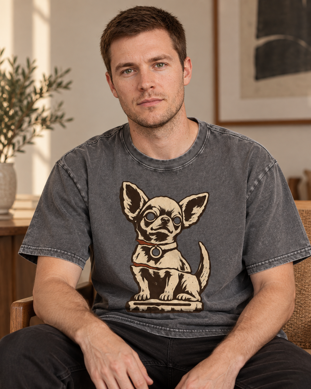 Adult model wears Gray Chihuahua Woodcut Relic Statue washed T-shirt in a seated indoor portrait