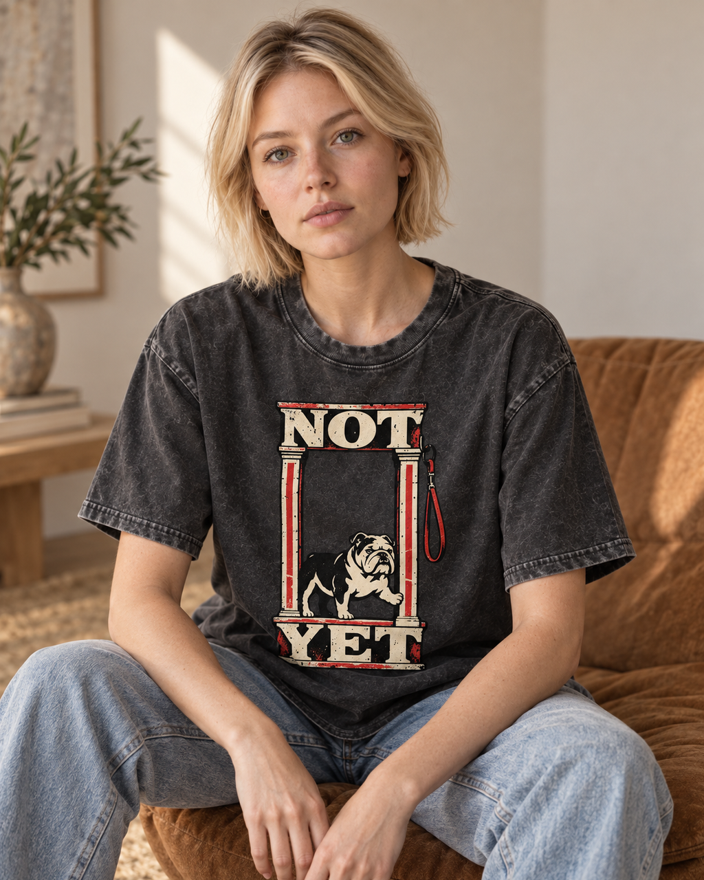 Adult model wears Black English Bulldog Not Yet Doorway washed T-shirt in a seated indoor portrait