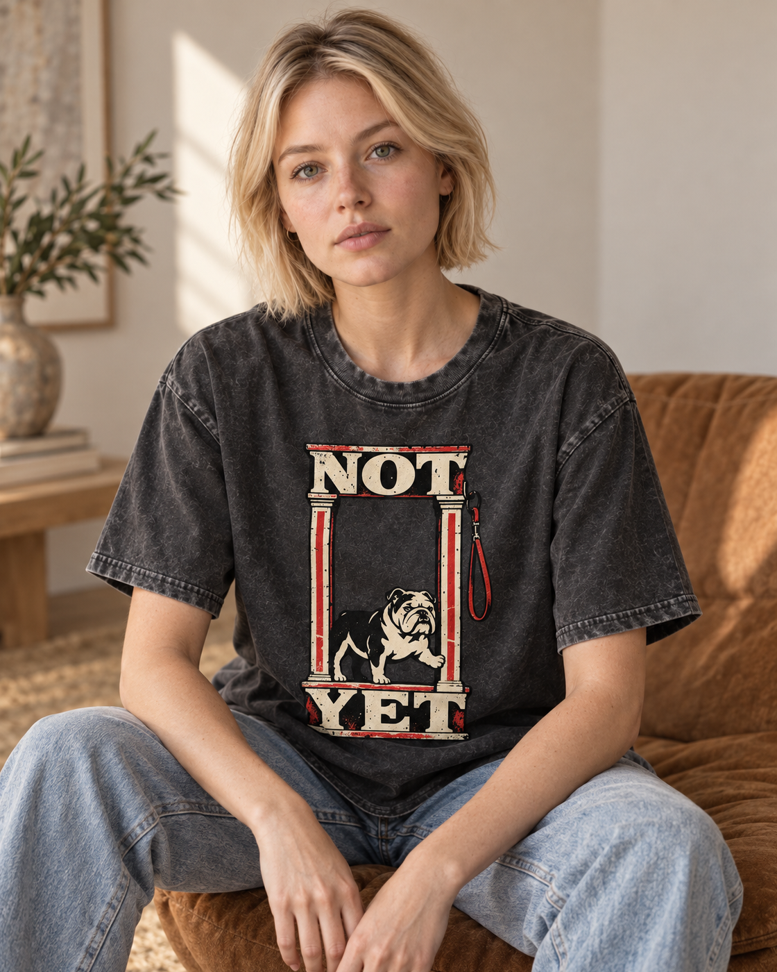 Adult model wears Black English Bulldog Not Yet Doorway washed T-shirt in a seated indoor portrait