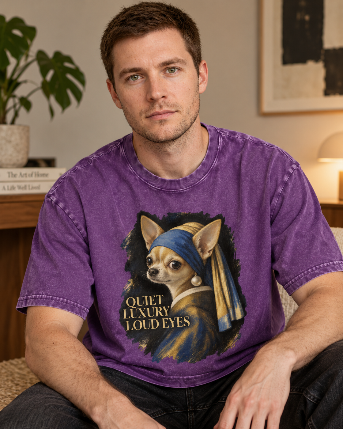 Adult model wears Purple Chihuahua Quiet Luxury Loud Eyes Pearl Earring Portrait washed T-shirt in a seated indoor portrait