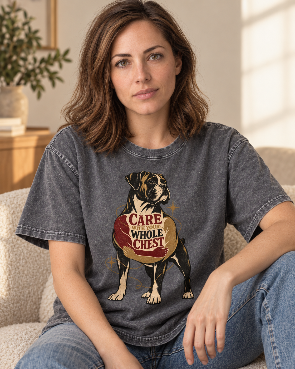 Adult model wears Gray Boxer Care With Your Whole Chest washed T-shirt in a seated indoor portrait