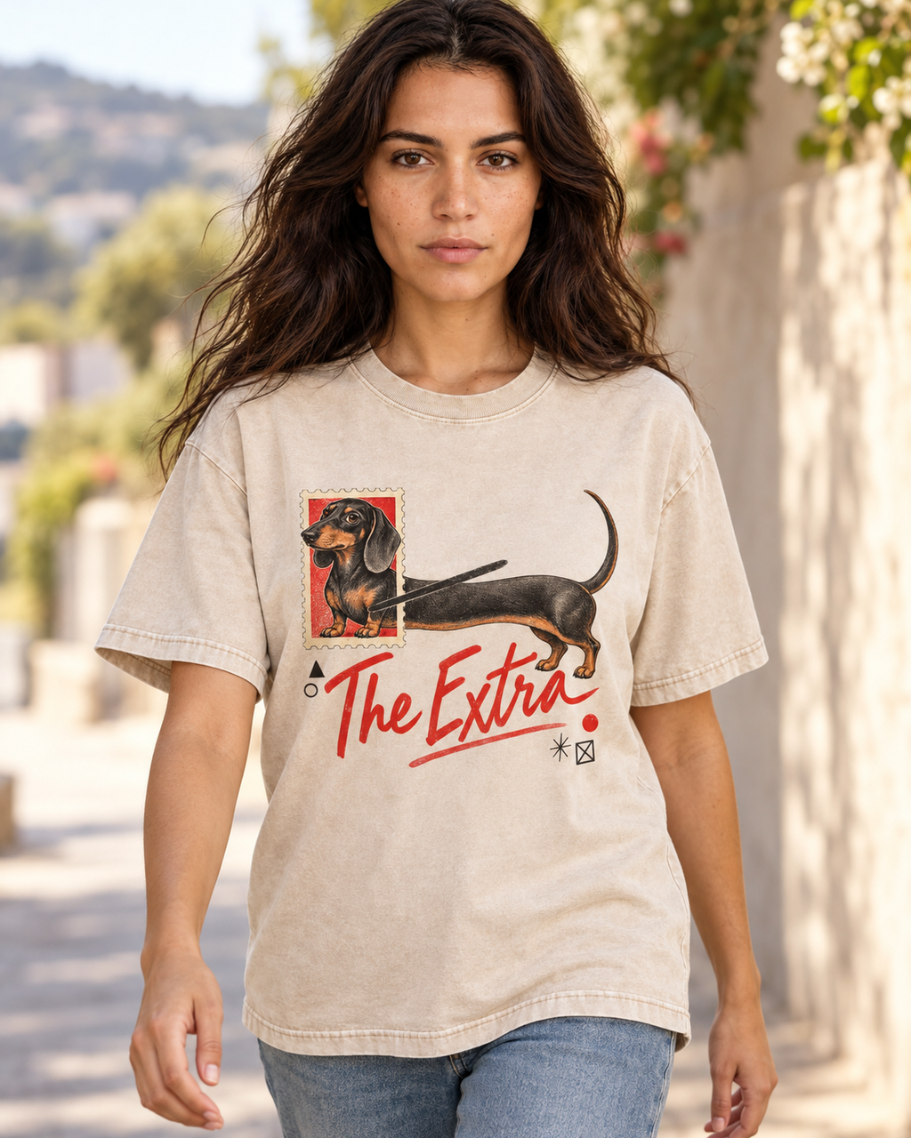 Adult model wears Apricot Dachshund The Extra Postage washed T-shirt in a natural walking portrait
