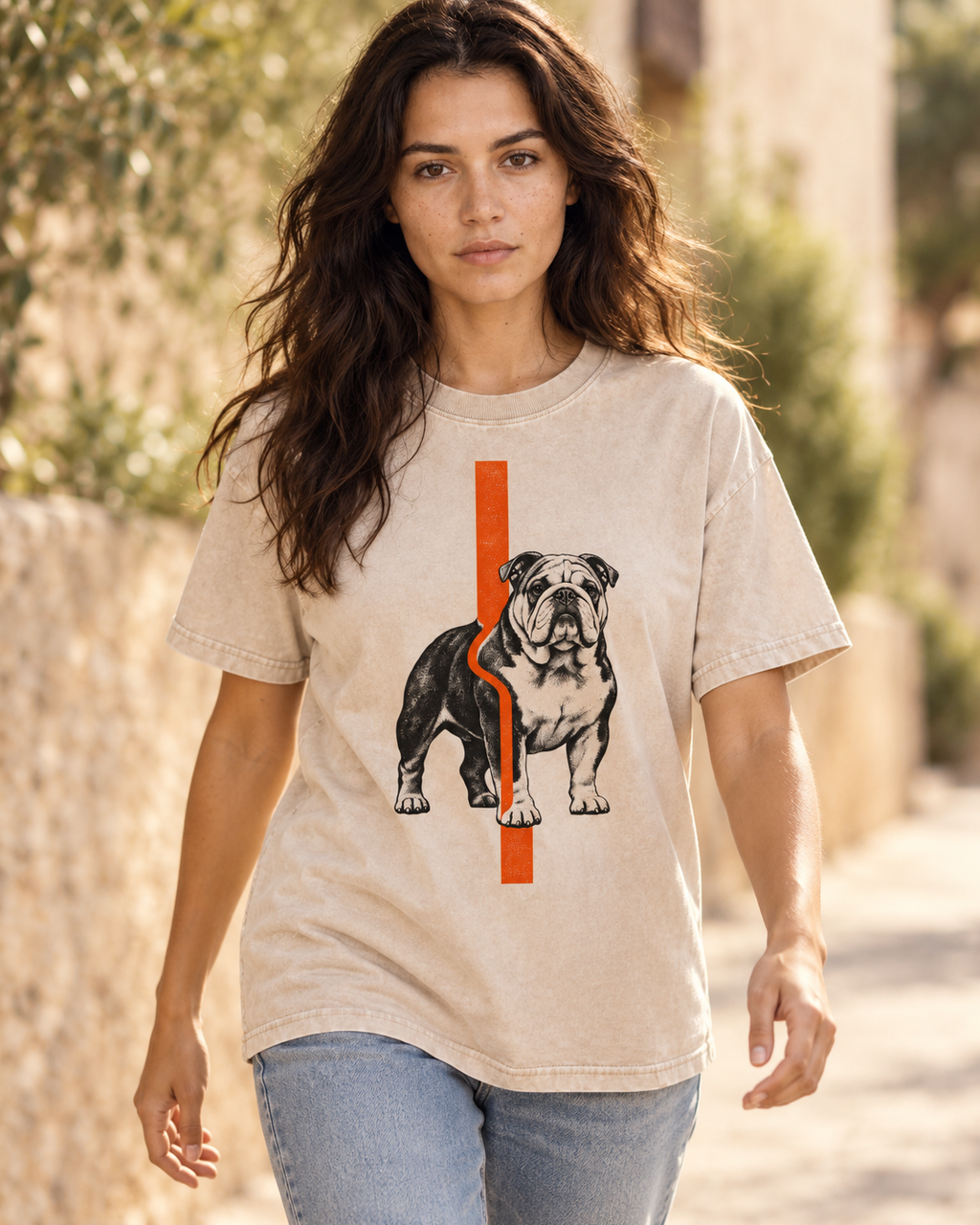 Adult model wears Apricot English Bulldog Orange Offset Line washed T-shirt in a natural walking portrait
