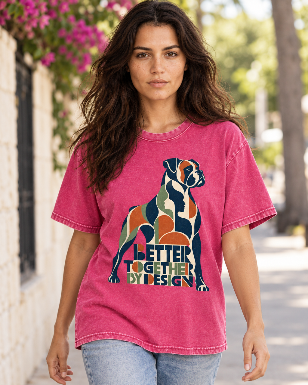 Adult model wears Fuchsia Boxer Better Together By Design Geometric Mosaic washed T-shirt in a natural walking portrait