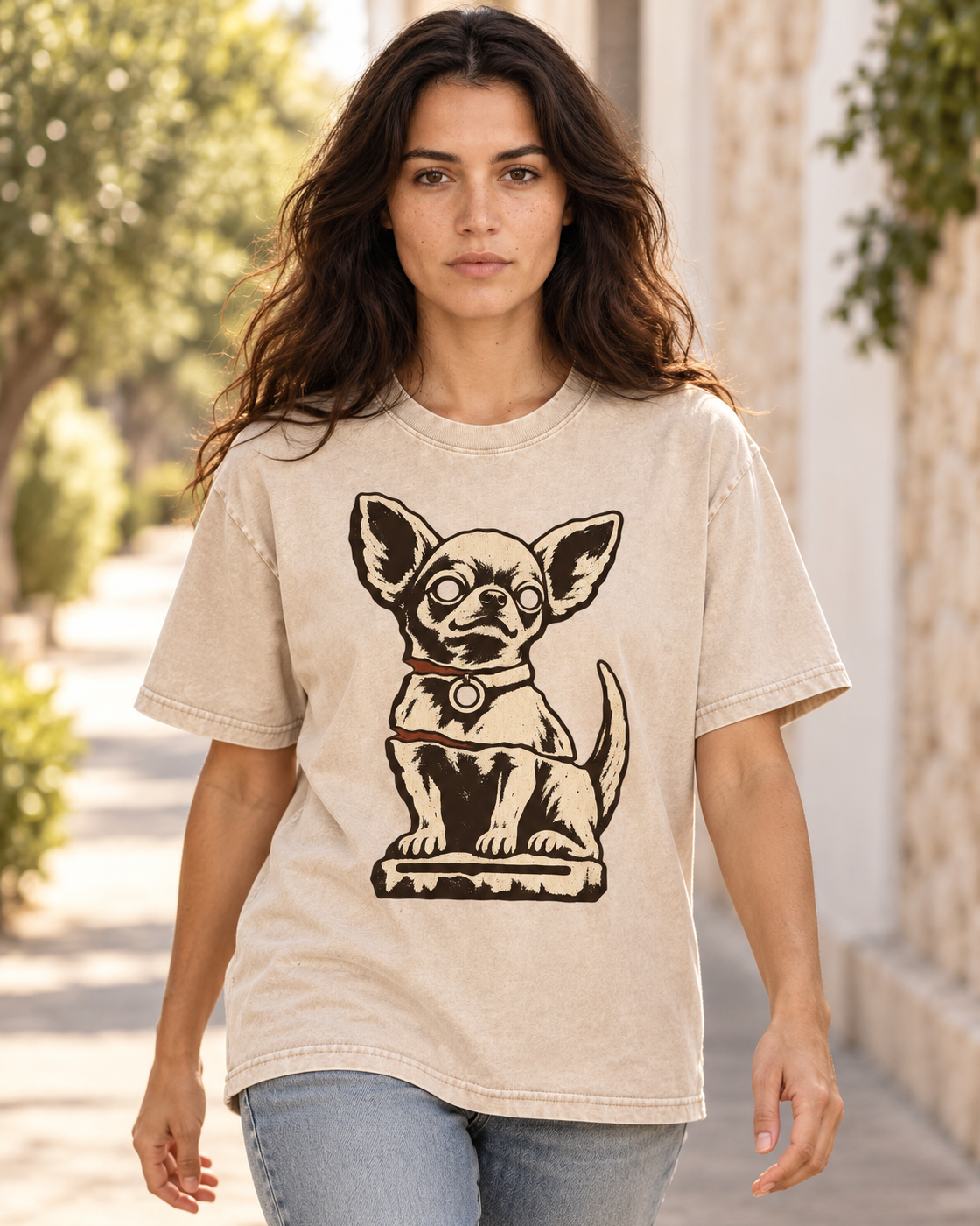 Adult model wears Apricot Chihuahua Woodcut Relic Statue washed T-shirt in a natural walking portrait