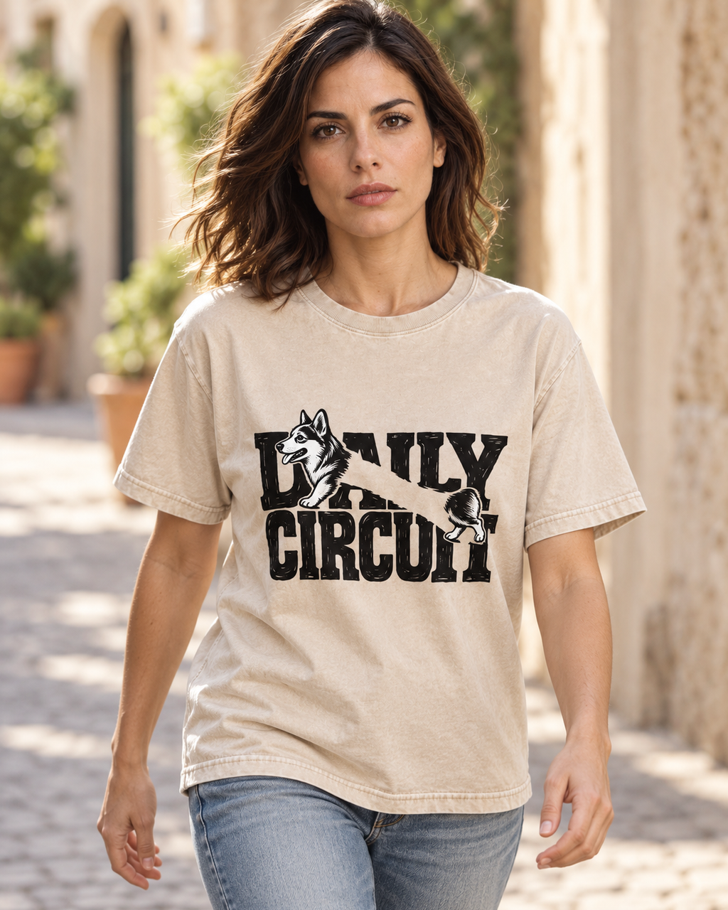 Adult model wears Apricot Corgi Family Circuit Running Letterpress washed T-shirt in a natural walking portrait