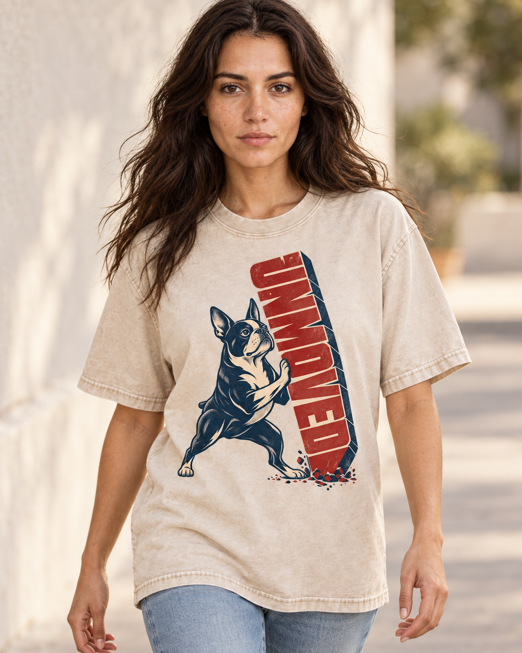Adult model wears Apricot Boston Terrier Get Moving washed T-shirt in a natural walking portrait
