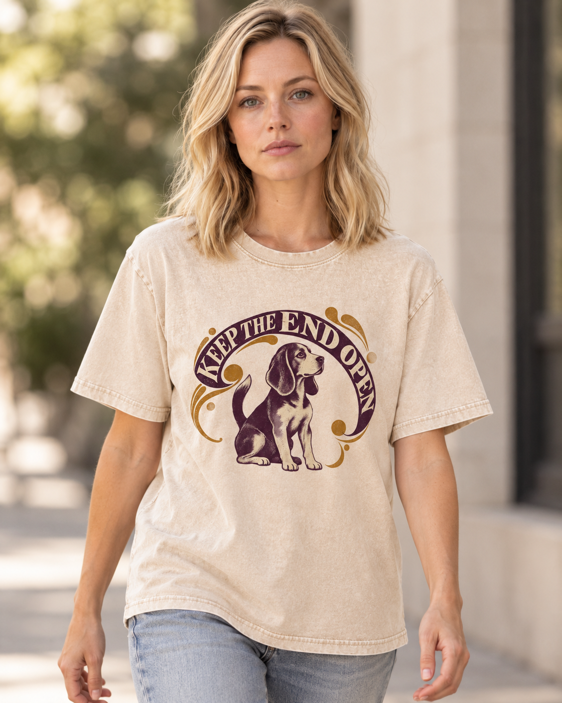 Adult model wears Apricot Beagle Keep The End Open Ornamental washed T-shirt in a natural walking portrait
