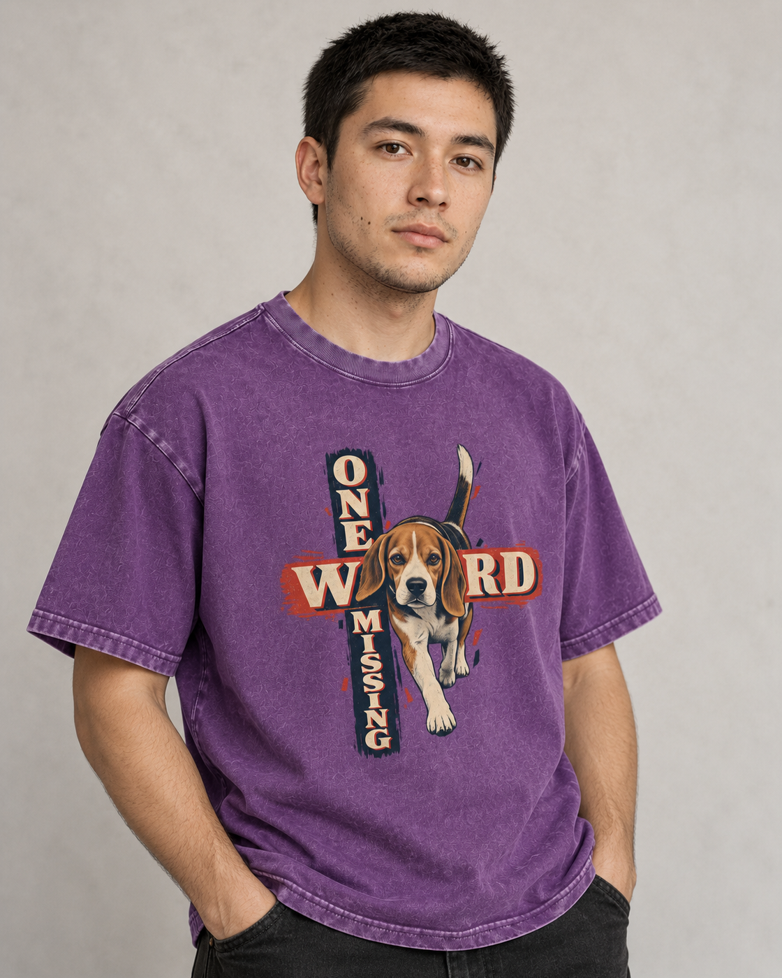 Adult model wears Purple Beagle One Word Missing washed T-shirt in a side-angle editorial portrait
