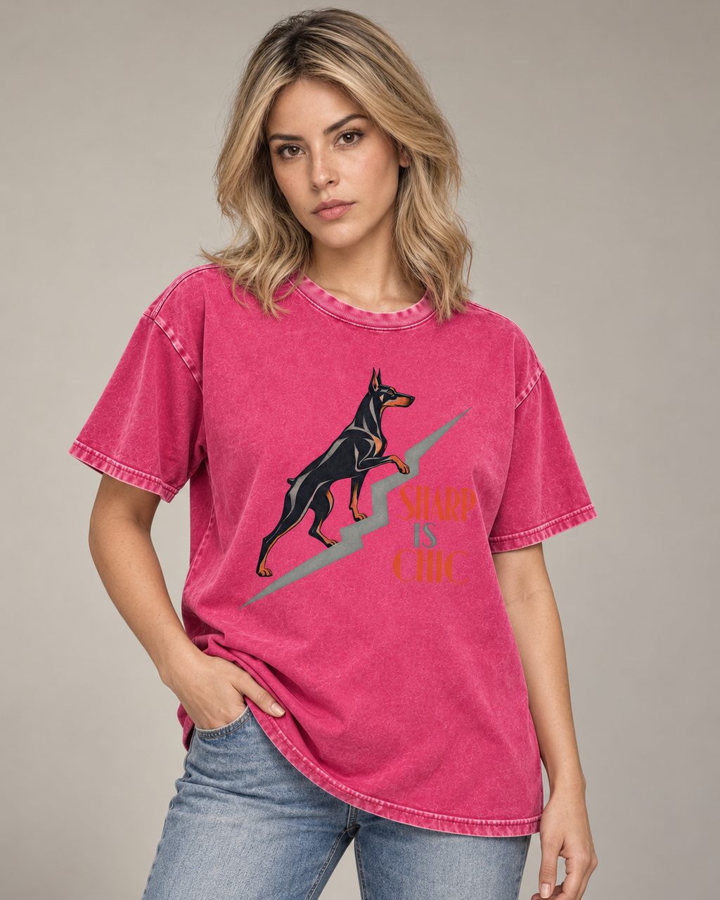 Adult model wears Fuchsia Doberman Sharp Is Chic Stairway washed T-shirt in a side-angle editorial portrait