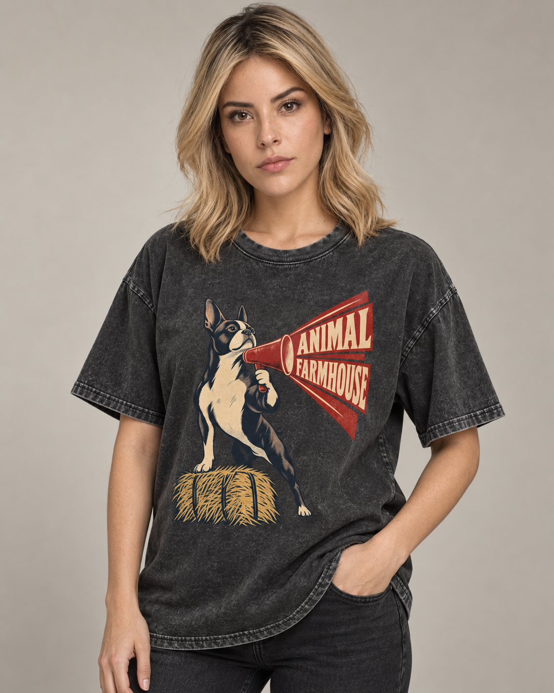Adult model wears Black Boston Terrier Animal Farmhouse washed T-shirt in a side-angle editorial portrait