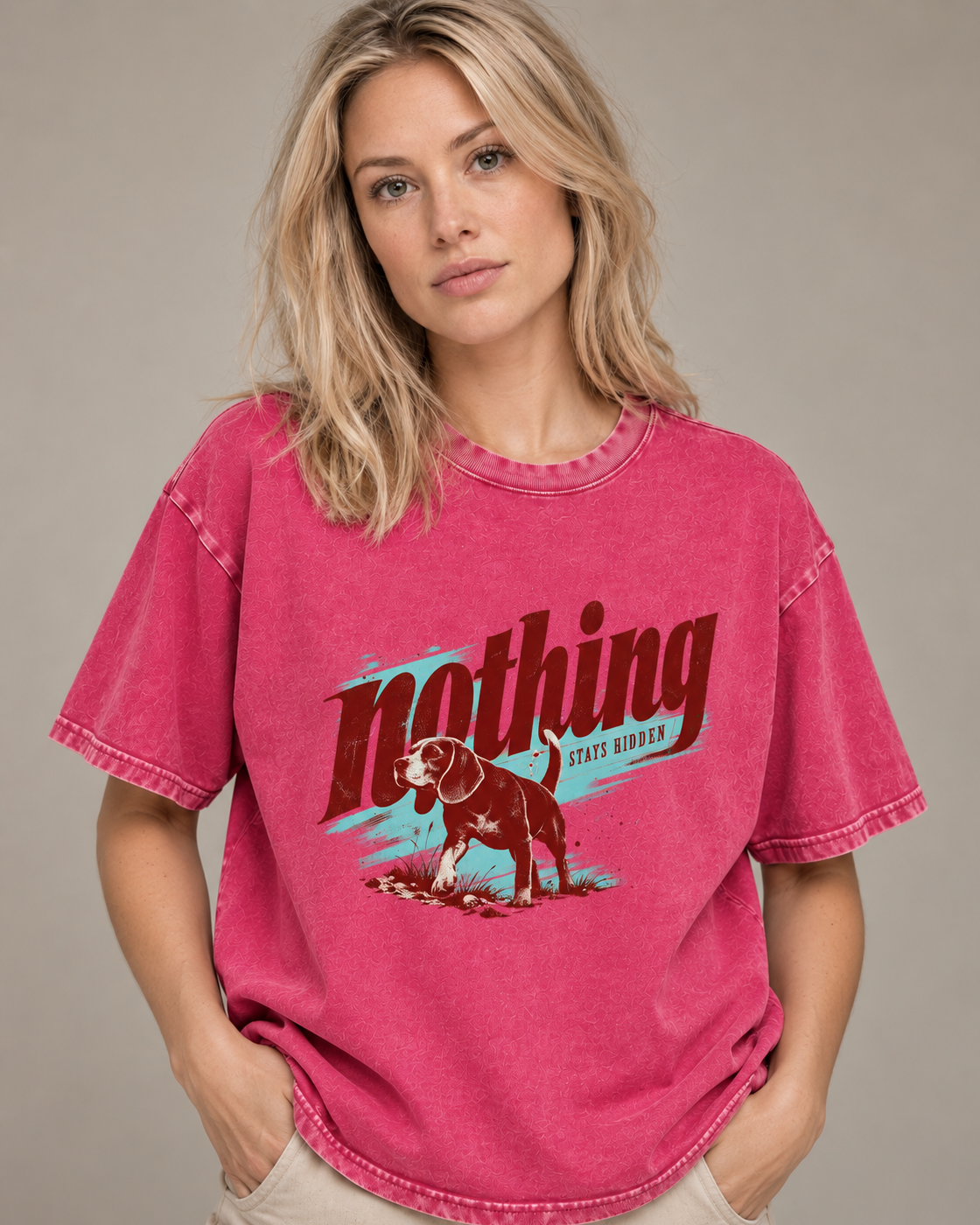 Adult model wears Fuchsia Beagle Nothing Stays Hidden washed T-shirt in a side-angle editorial portrait