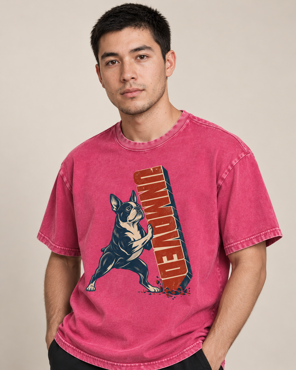 Adult model wears Fuchsia Boston Terrier Get Moving washed T-shirt in a side-angle editorial portrait