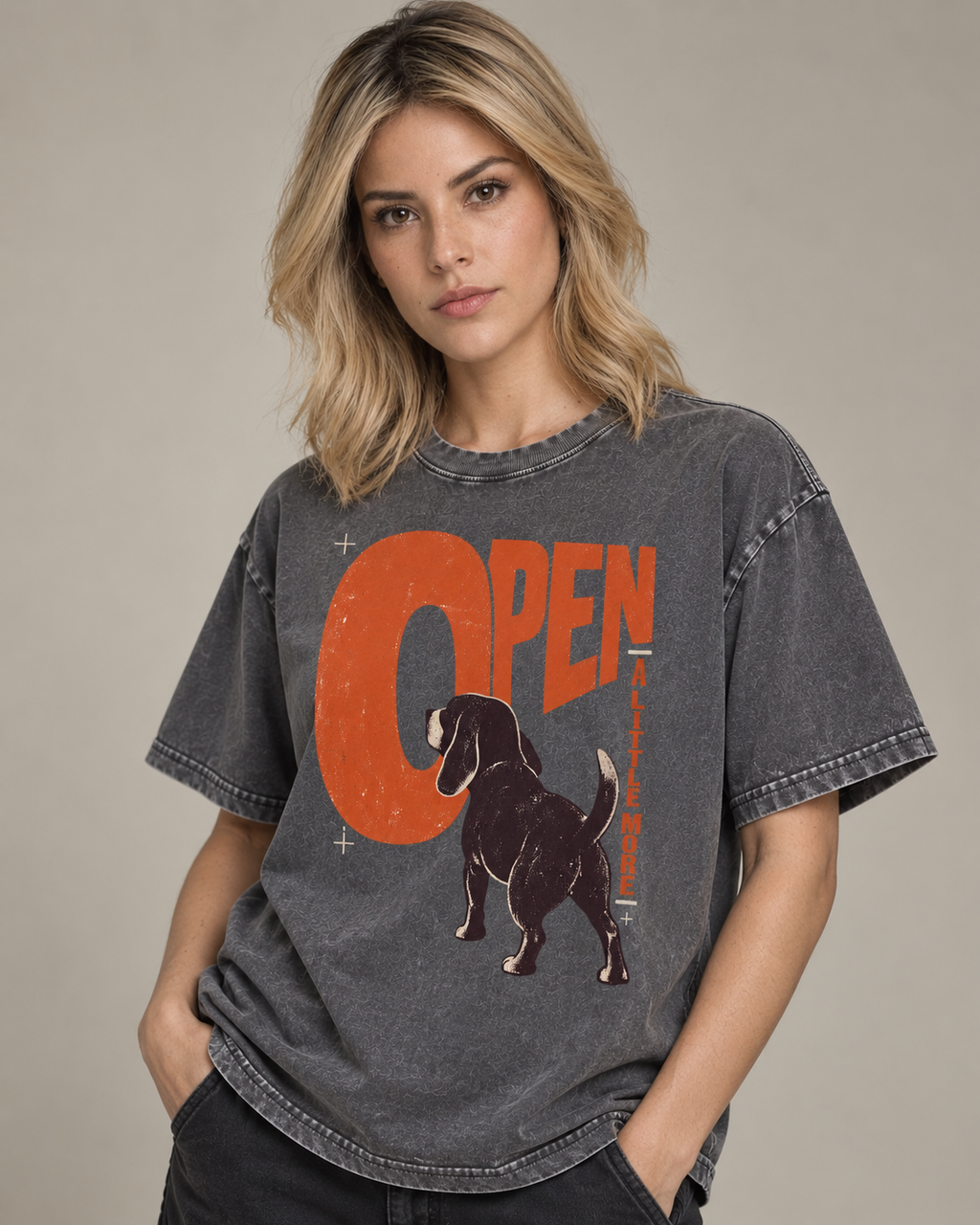 Adult model wears Gray Beagle Open A Little More washed T-shirt in a side-angle editorial portrait