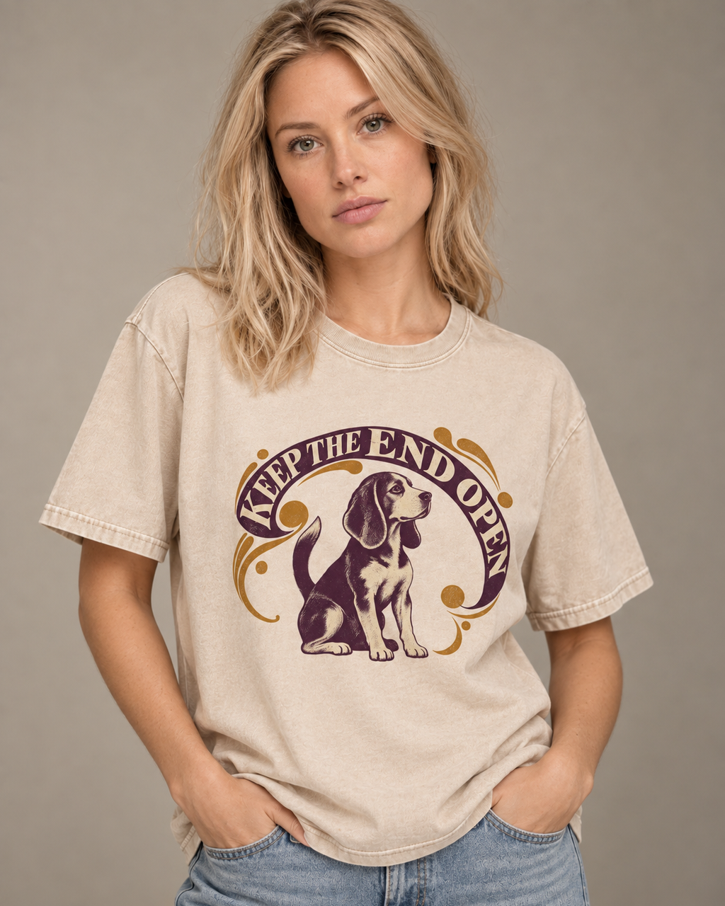 Adult model wears Apricot Beagle Keep The End Open Ornamental washed T-shirt in a side-angle editorial portrait