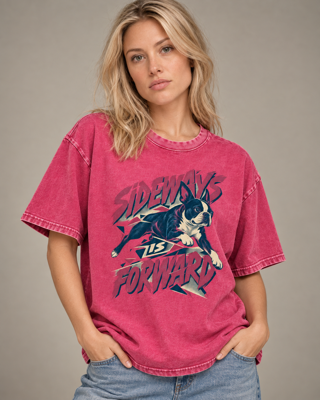 Adult model wears Fuchsia Boston Terrier Sideways Is Forward washed T-shirt in a side-angle editorial portrait
