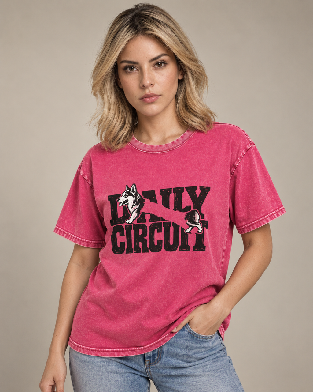 Adult model wears Fuchsia Corgi Family Circuit Running Letterpress washed T-shirt in a side-angle editorial portrait