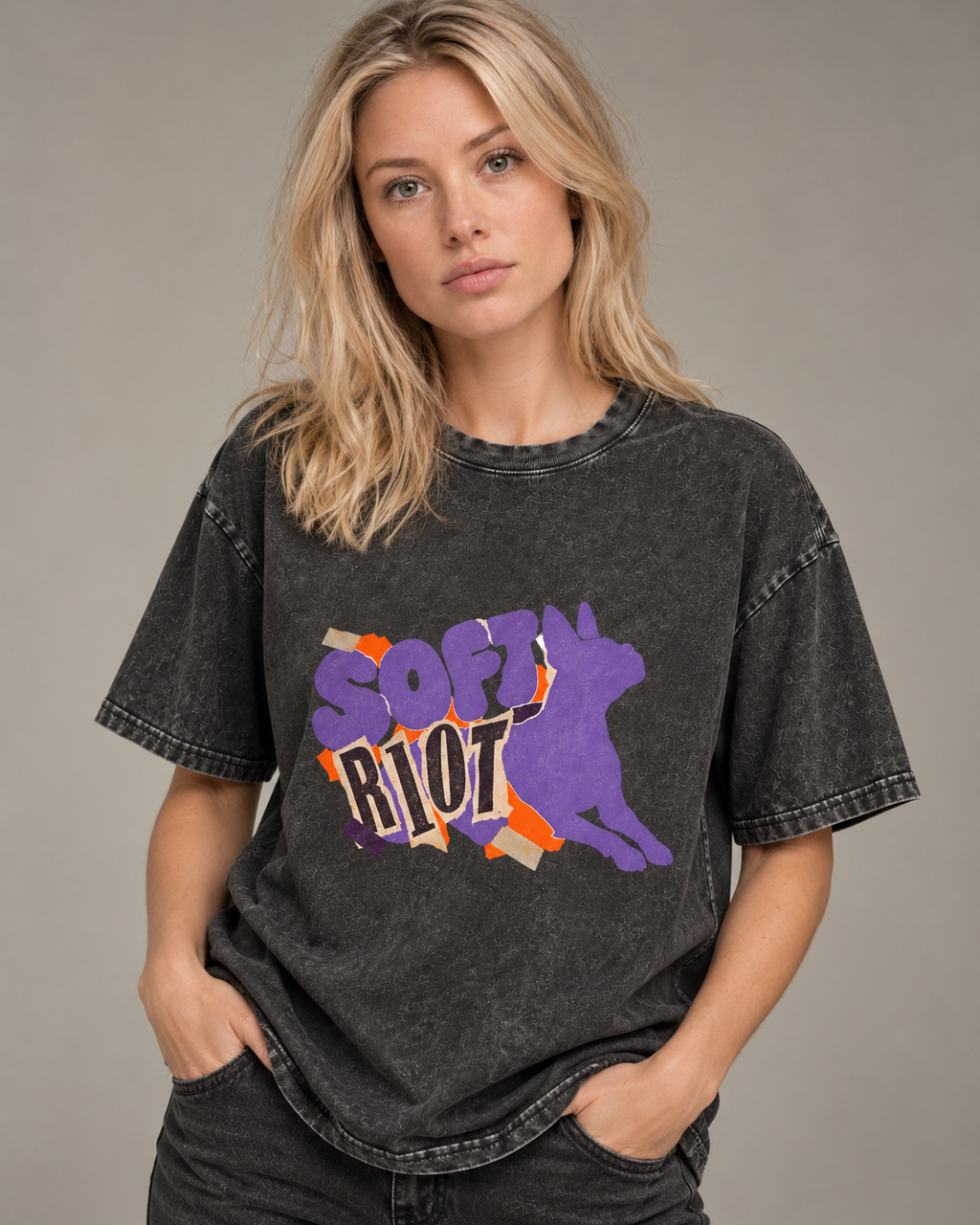 Adult model wears Black Boston Terrier Soft Riot washed T-shirt in a side-angle editorial portrait