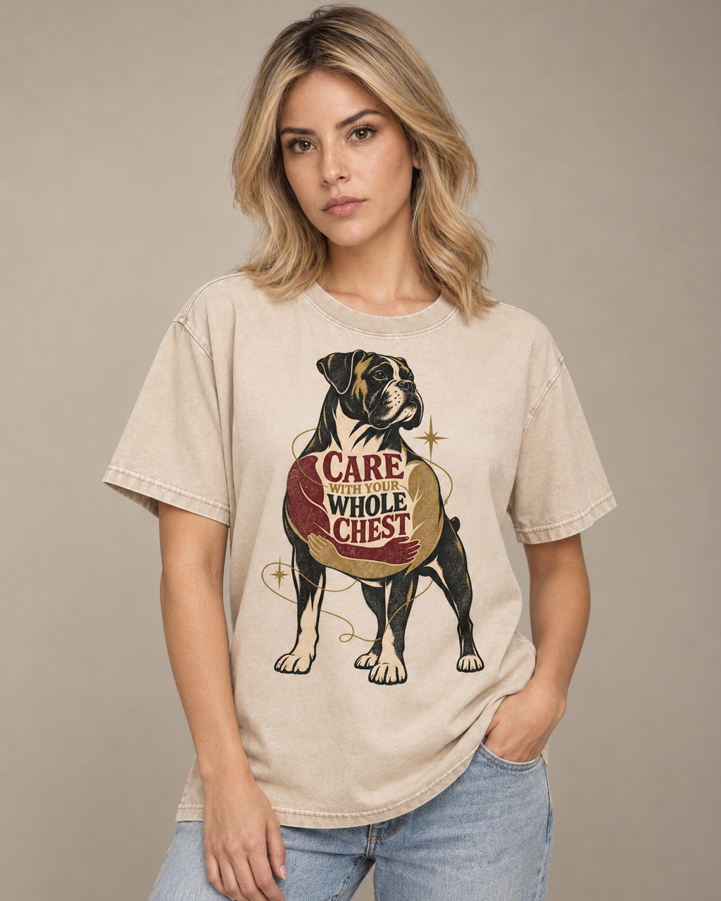 Adult model wears Apricot Boxer Care With Your Whole Chest washed T-shirt in a side-angle editorial portrait