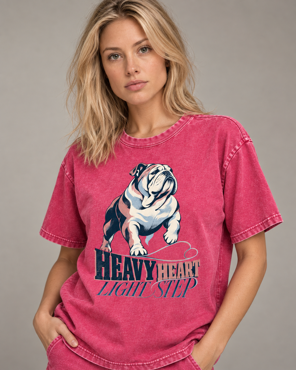 Adult model wears Fuchsia English Bulldog Heavy Heart Light Step Running washed T-shirt in a side-angle editorial portrait