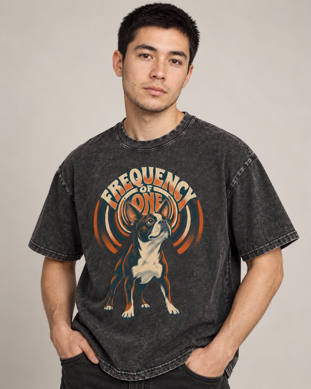 Adult model wears Black Boston Terrier Frequency of One washed T-shirt in a side-angle editorial portrait