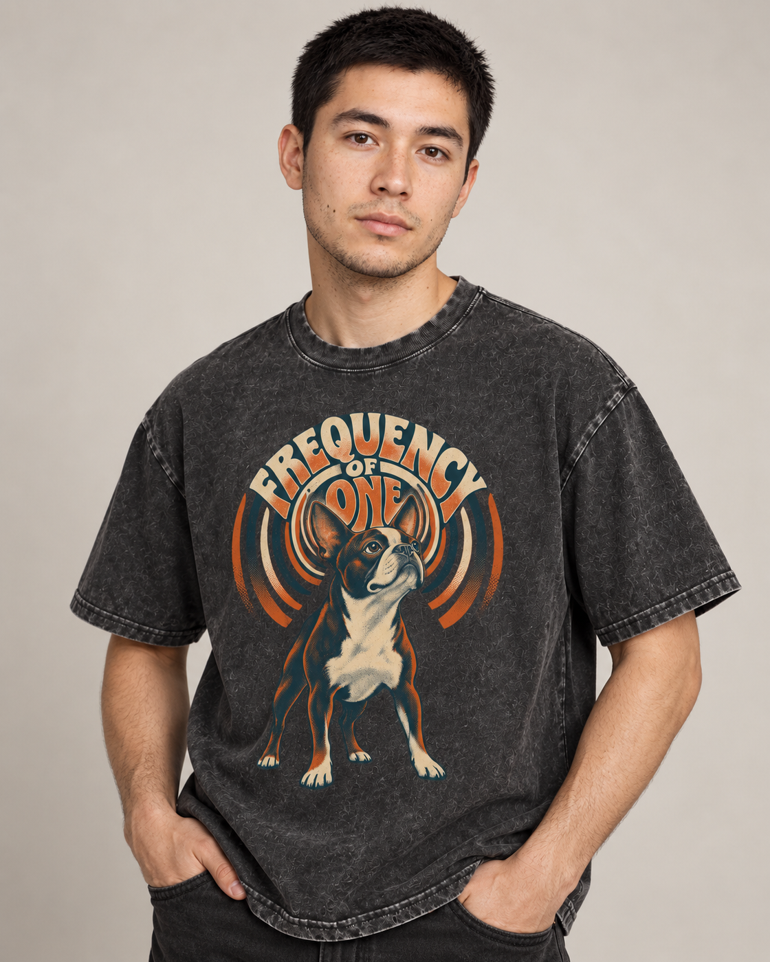 Adult model wears Black Boston Terrier Frequency of One washed T-shirt in a side-angle editorial portrait