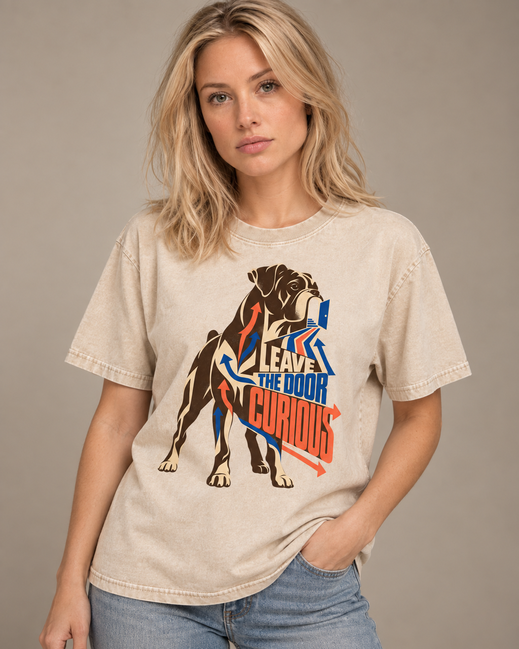 Adult model wears Apricot Boxer Leave the Door Curious Doorway Arrow washed T-shirt in a side-angle editorial portrait