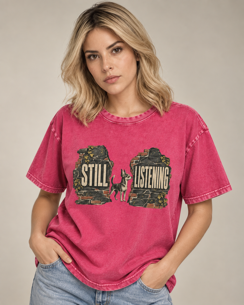 Adult model wears Fuchsia Chihuahua Still Listening washed T-shirt in a side-angle editorial portrait