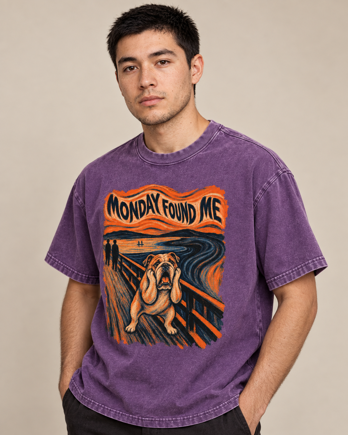 Adult model wears Purple English Bulldog Monday Found Me Scream washed T-shirt in a side-angle editorial portrait