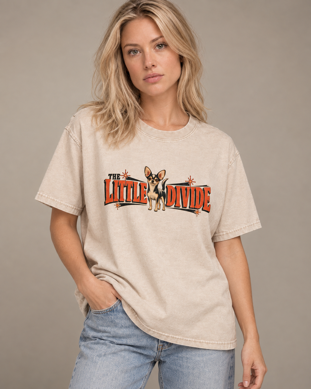 Adult model wears Apricot Chihuahua The Little Divide Retro Sign washed T-shirt in a side-angle editorial portrait