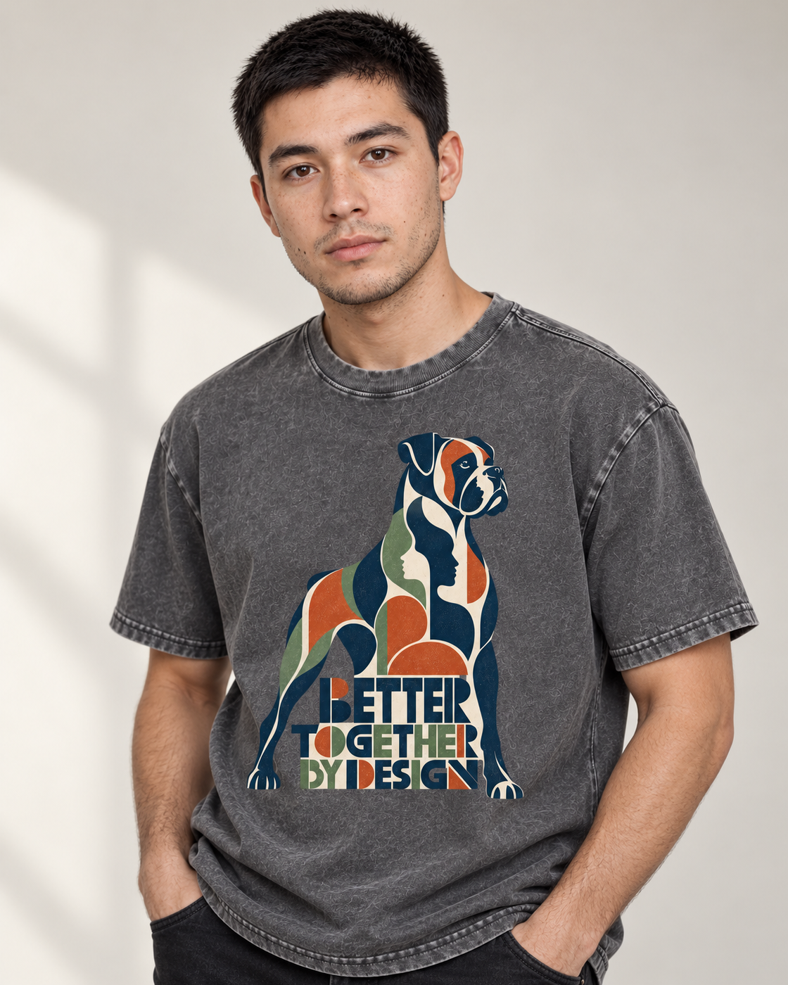 Adult model wears Gray Boxer Better Together By Design Geometric Mosaic washed T-shirt in a side-angle editorial portrait