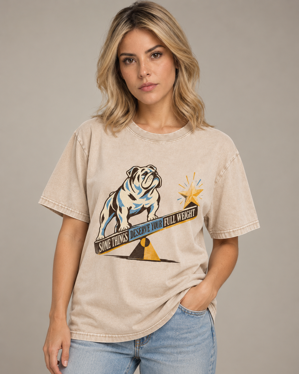 Adult model wears Apricot English Bulldog Some Things Deserve Your Full Weight washed T-shirt in a side-angle editorial port