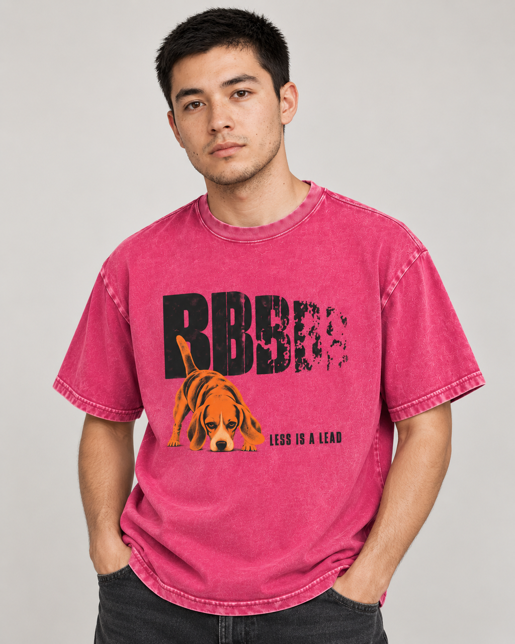 Adult model wears Fuchsia Beagle Less Is A Lead Tracking Dog washed T-shirt in a side-angle editorial portrait