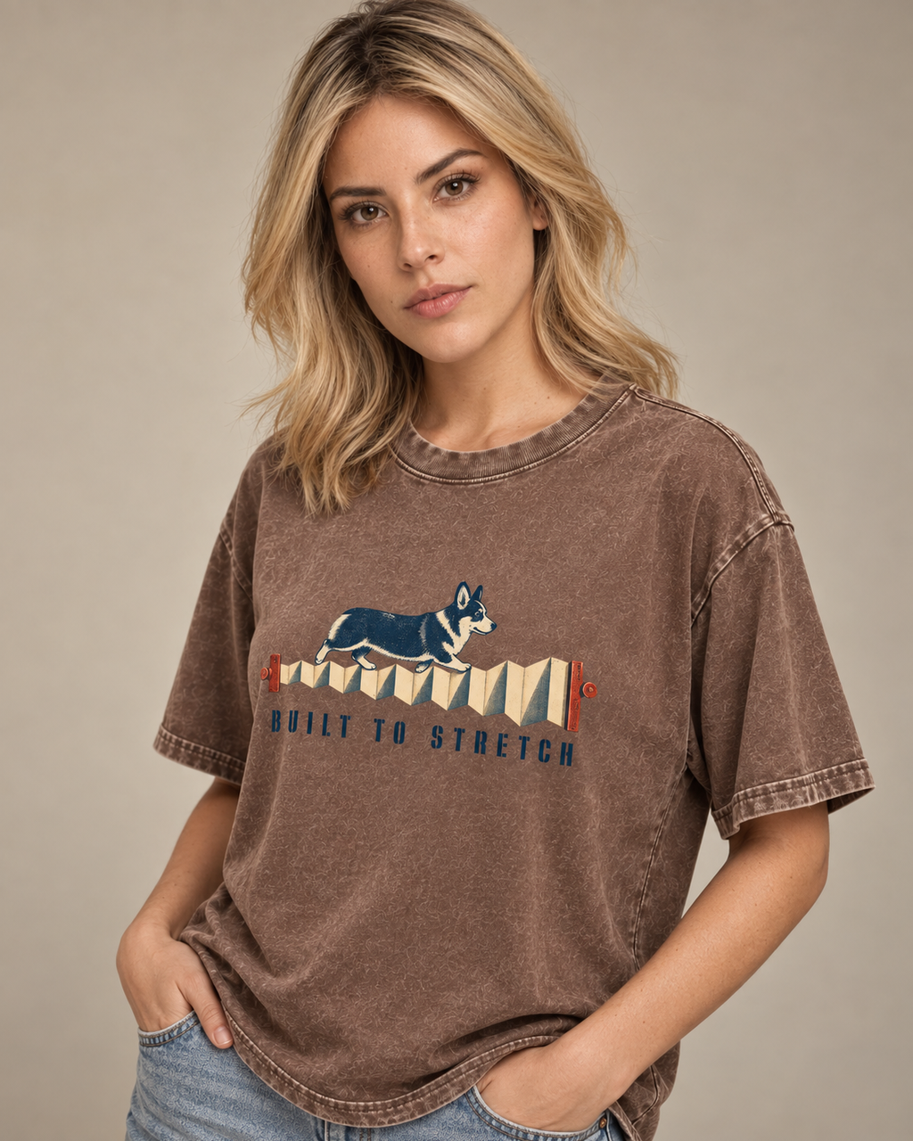 Adult model wears Coffee Corgi Built to Stretch Accordion washed T-shirt in a side-angle editorial portrait