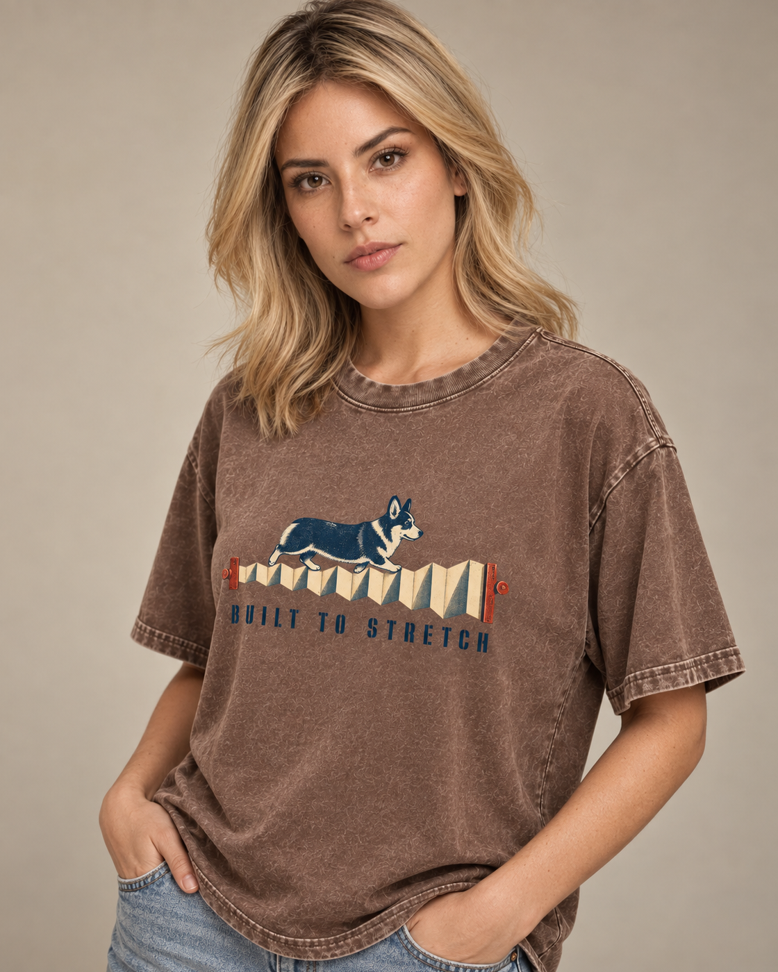 Adult model wears Coffee Corgi Built to Stretch Accordion washed T-shirt in a side-angle editorial portrait