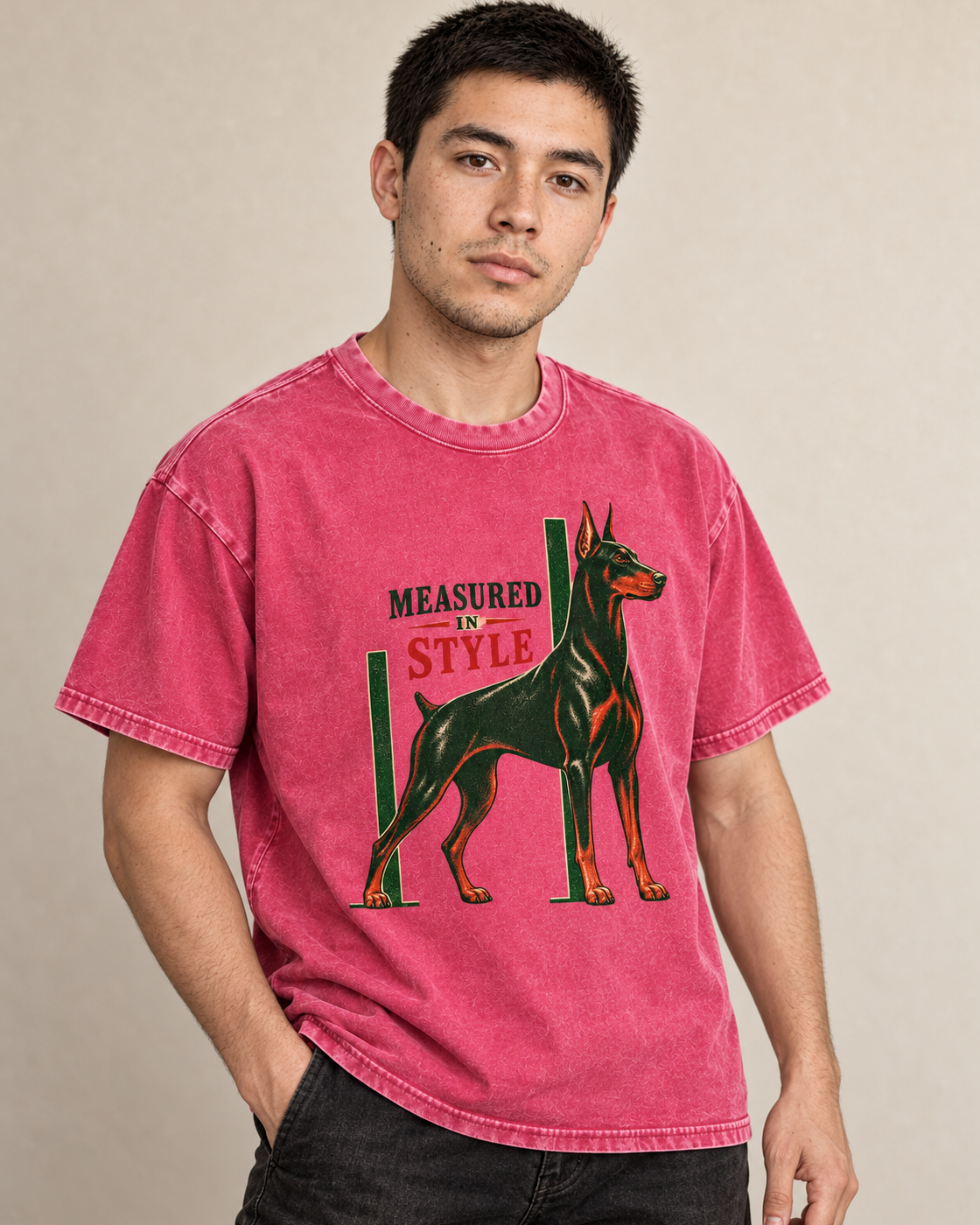 Adult model wears Fuchsia Doberman Measured in Style Column washed T-shirt in a side-angle editorial portrait