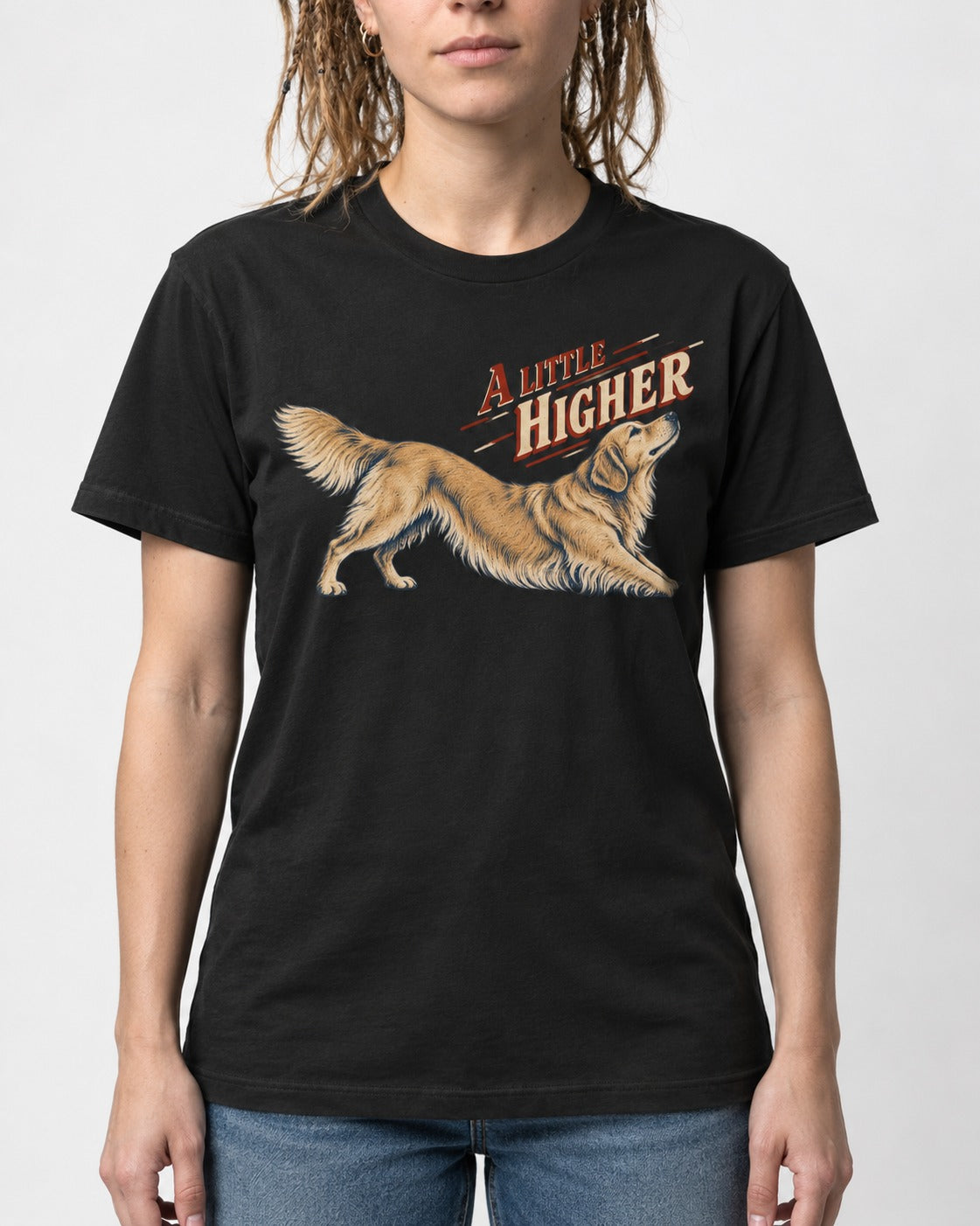 Golden Retriever A Little Higher Play Bow Graphic T-Shirt in Black, worn by a model, front view