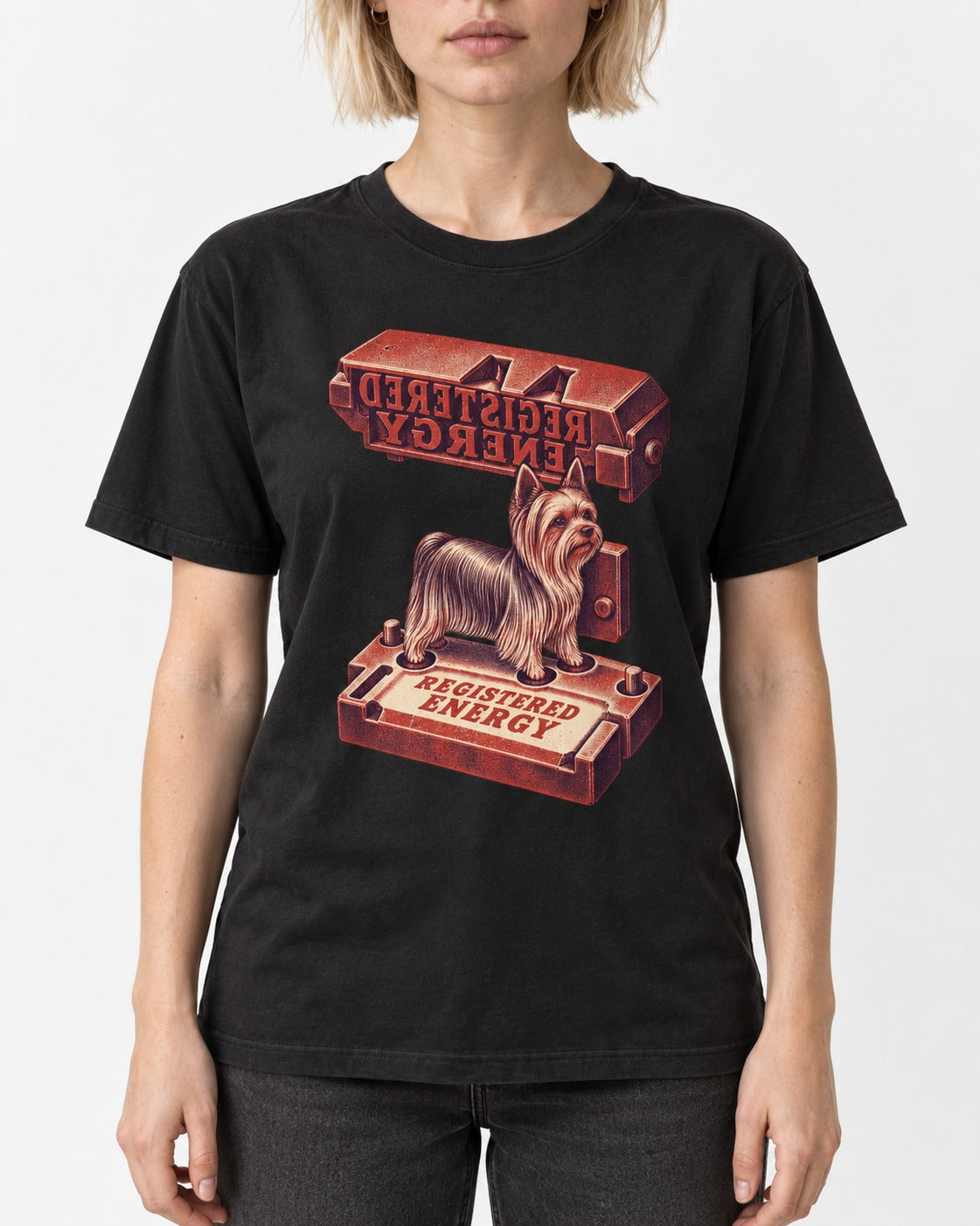 Yorkshire Terrier Registered Energy Stamp Press Graphic T-Shirt in Black, worn by a model, front view
