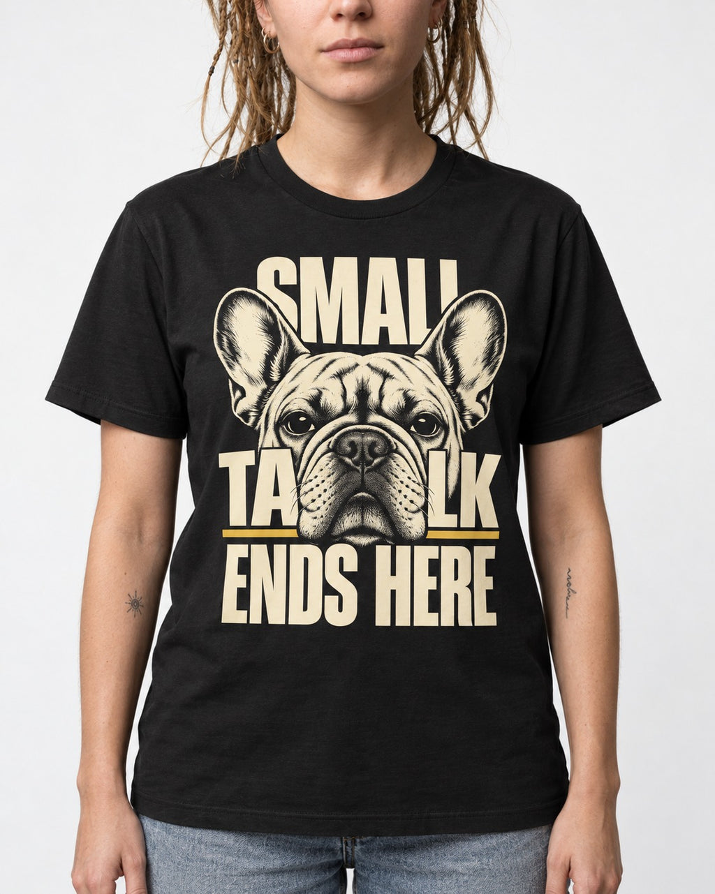 Frenchie Small Talk Ends Here Portrait Graphic T-Shirt in Black, worn by a model, front view