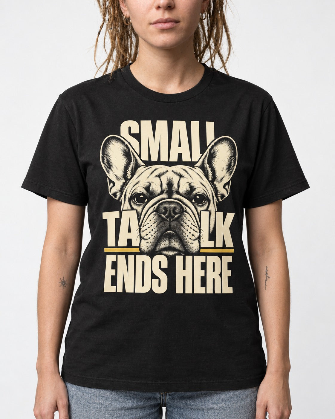 Frenchie Small Talk Ends Here Portrait Graphic T-Shirt in Black, worn by a model, front view
