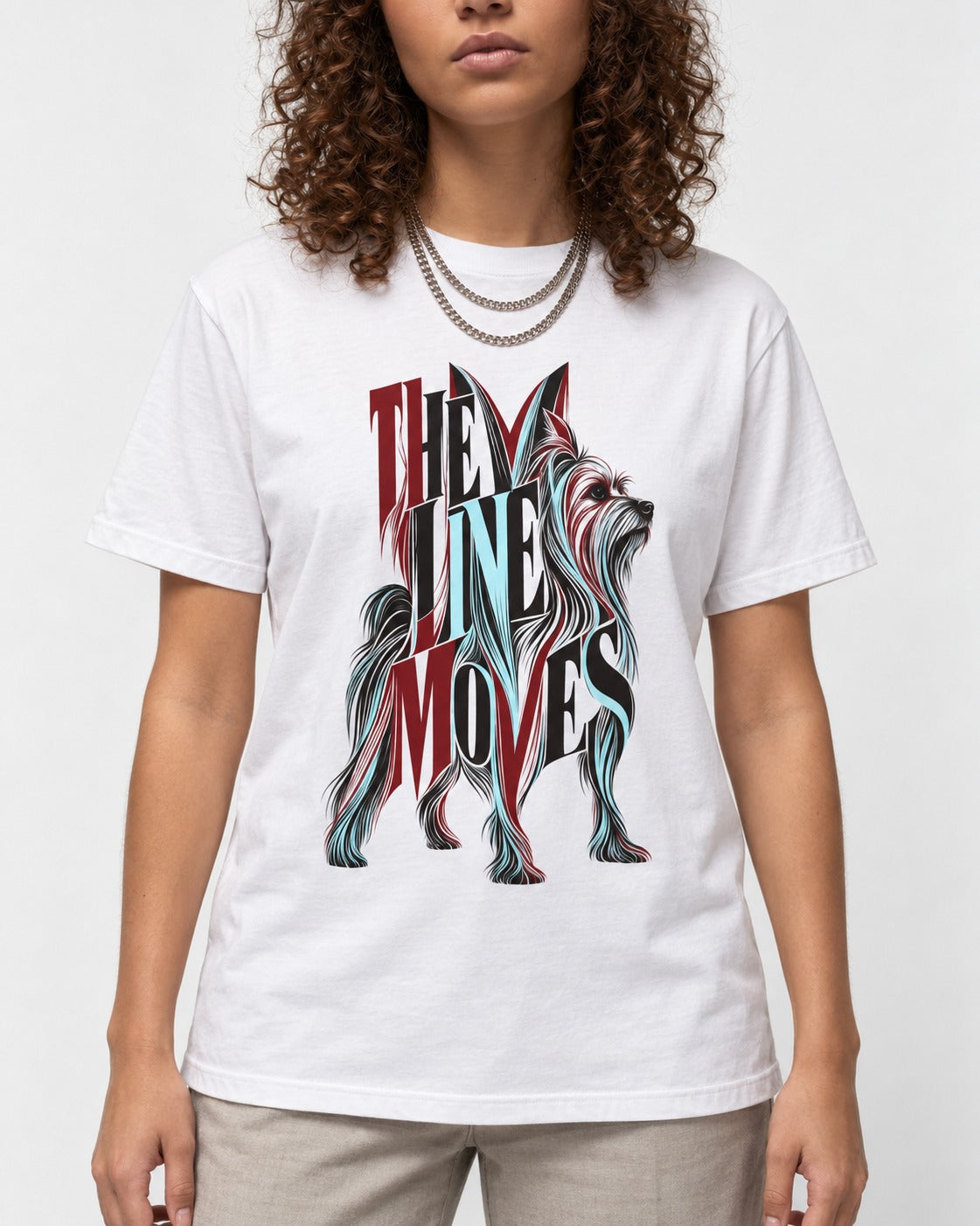 The One Moves Yorkshire Terrier T-Shirt in White, worn by a model, front view